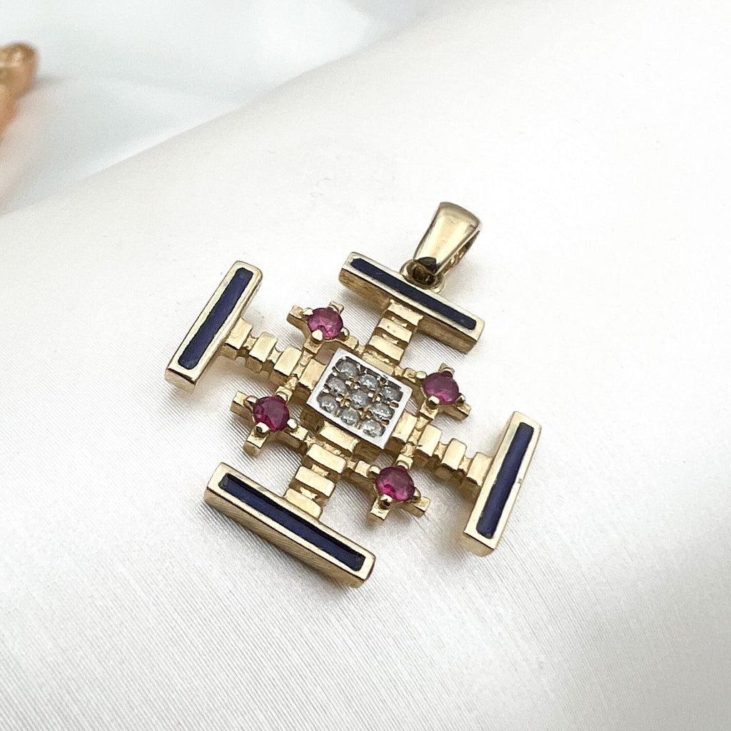 Jerusalem Cross 14k Gold Pendant with Diamonds and Enamel Faith and Elegance Combined