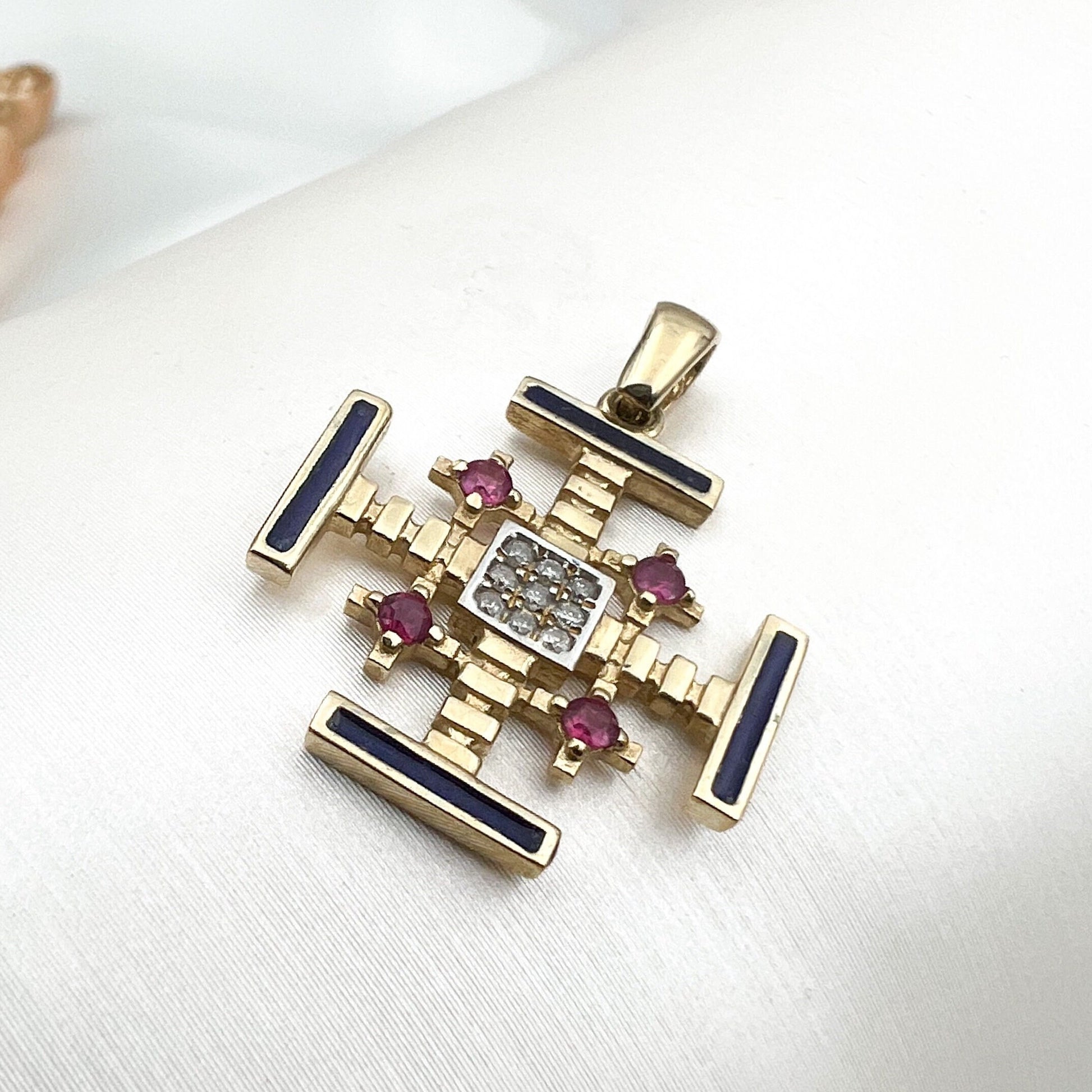 Jerusalem Cross 14k Gold Pendant with Diamonds and Enamel Faith and Elegance Combined