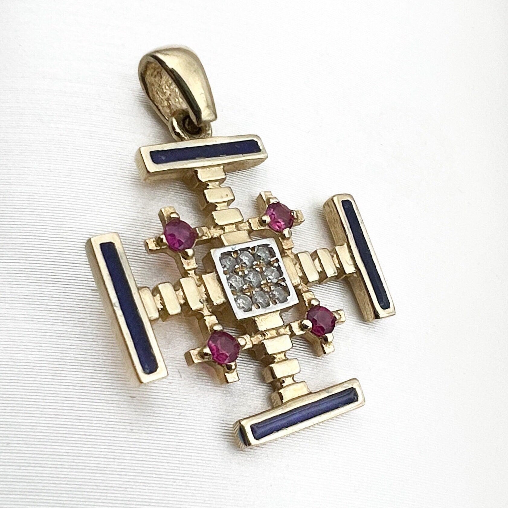 Jerusalem Cross 14k Gold Pendant with Diamonds and Enamel Faith and Elegance Combined