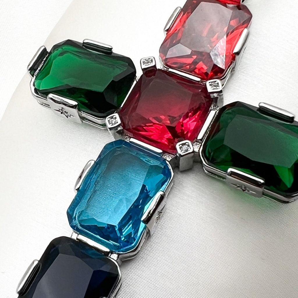 Large Colorful Cross Pendant with Cushion-Cut Austrian Crystals