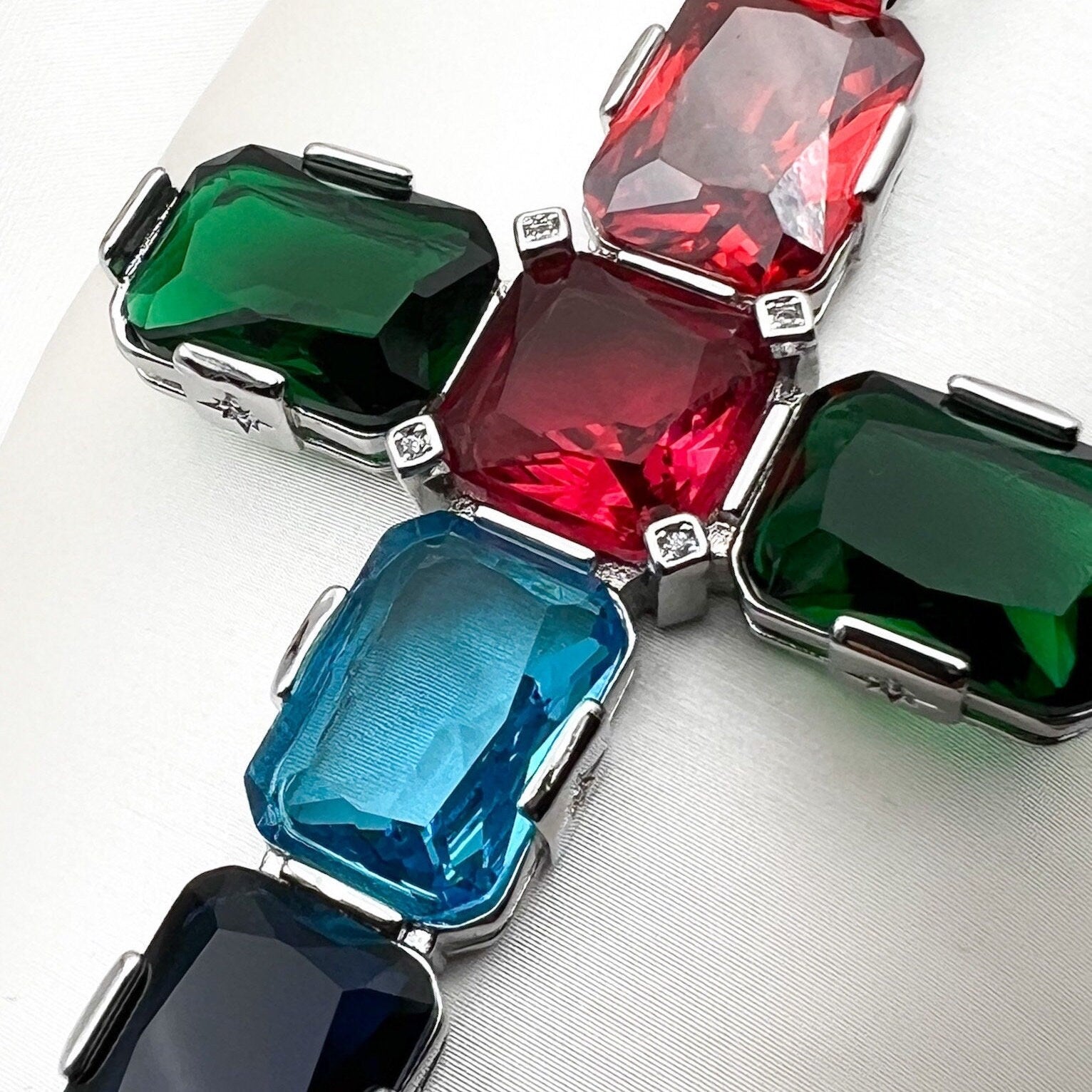 Large Colorful Cross Pendant with Cushion-Cut Austrian Crystals