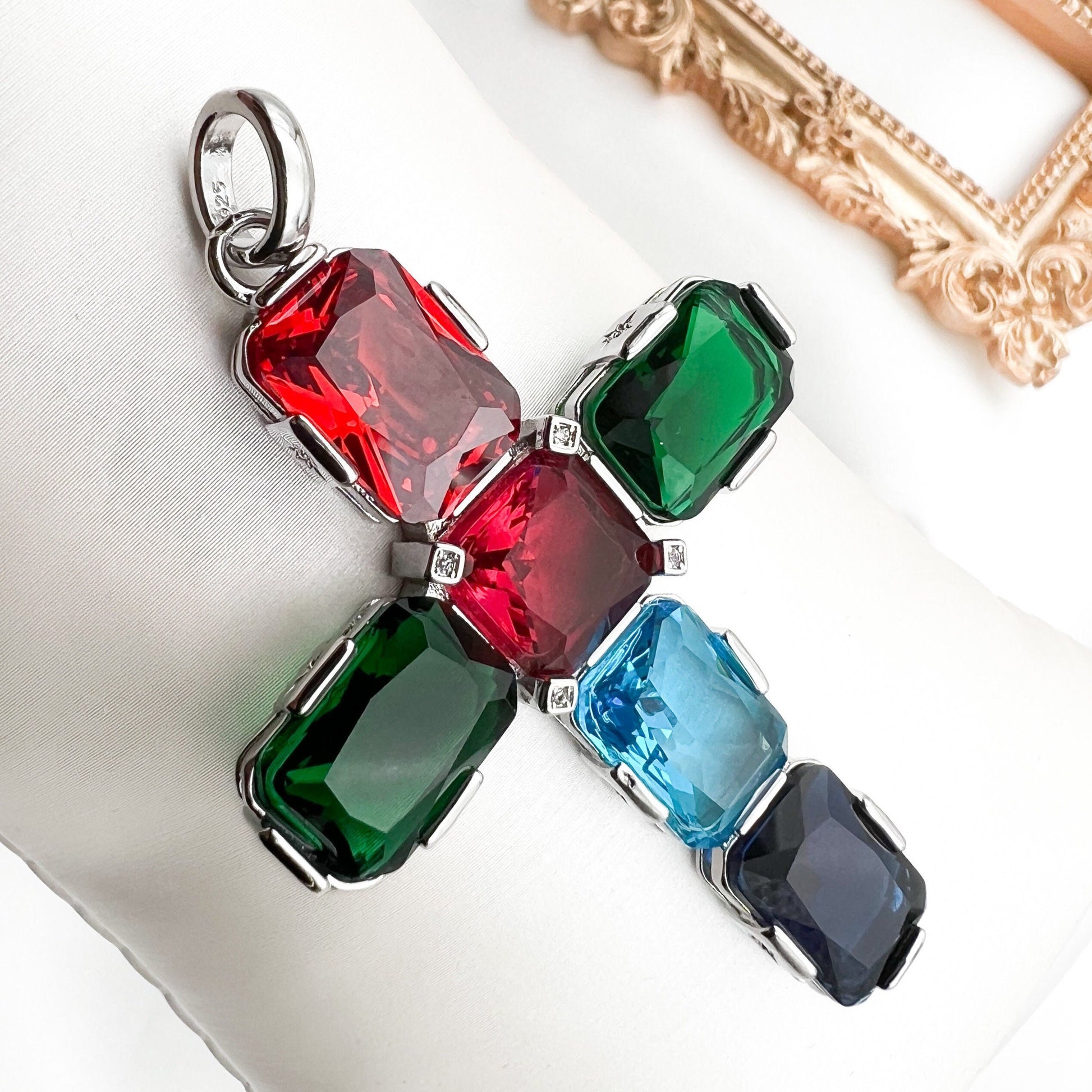 Large Colorful Cross Pendant with Cushion-Cut Austrian Crystals