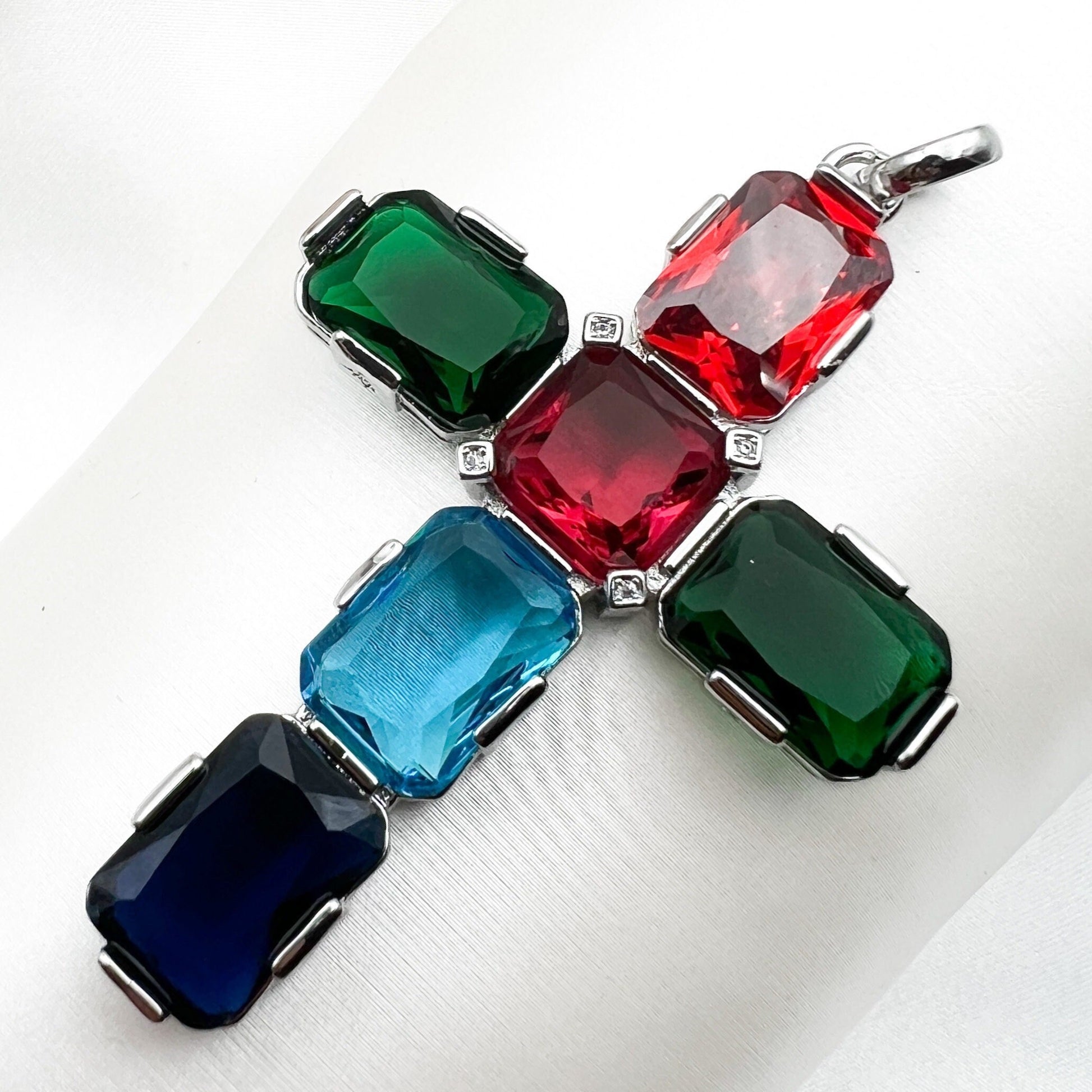 Large Colorful Cross Pendant with Cushion-Cut Austrian Crystals
