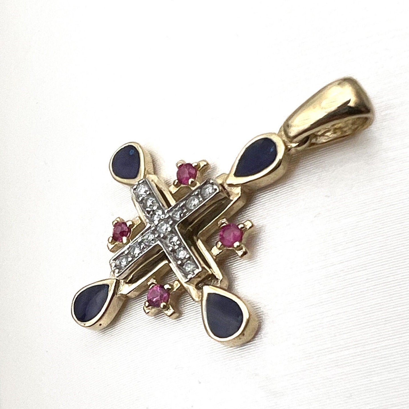 Jerusalem Cross Pendant in 14k Gold with 13 Diamonds 0.15ct and Ruby A Timeless Sign of Faith