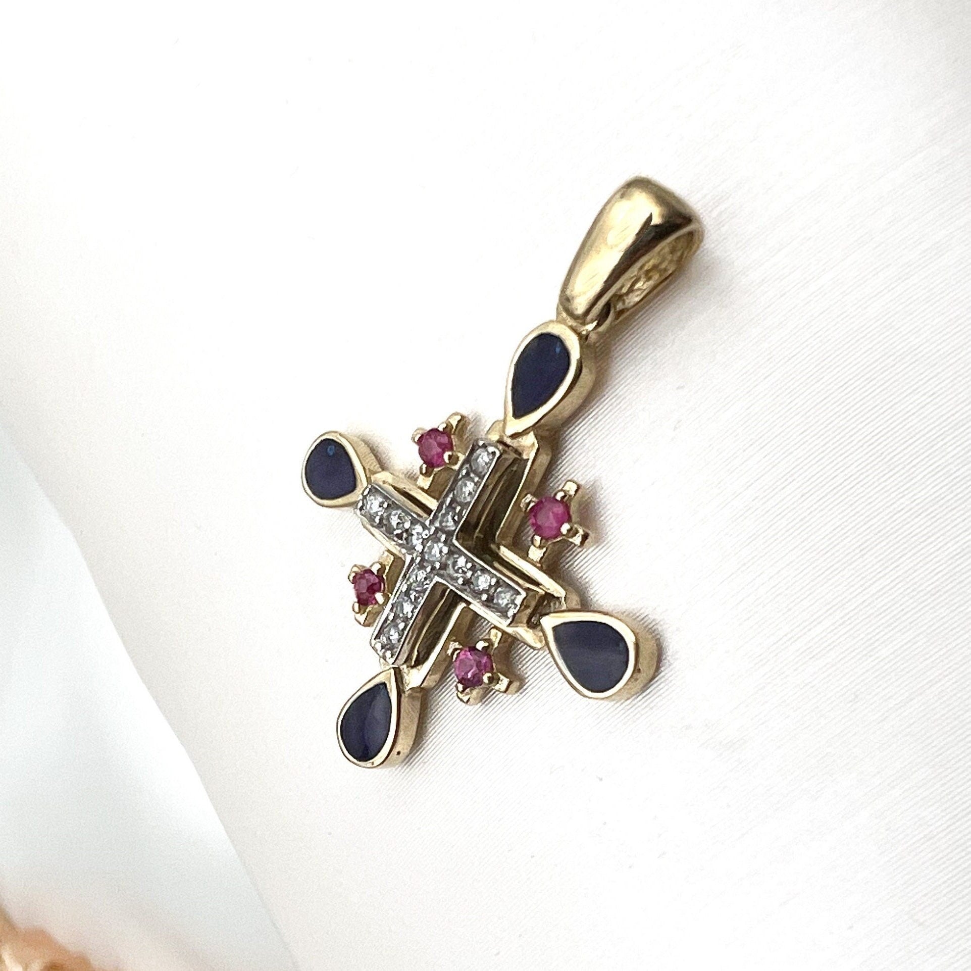 Jerusalem Cross Pendant in 14k Gold with 13 Diamonds 0.15ct and Ruby A Timeless Sign of Faith