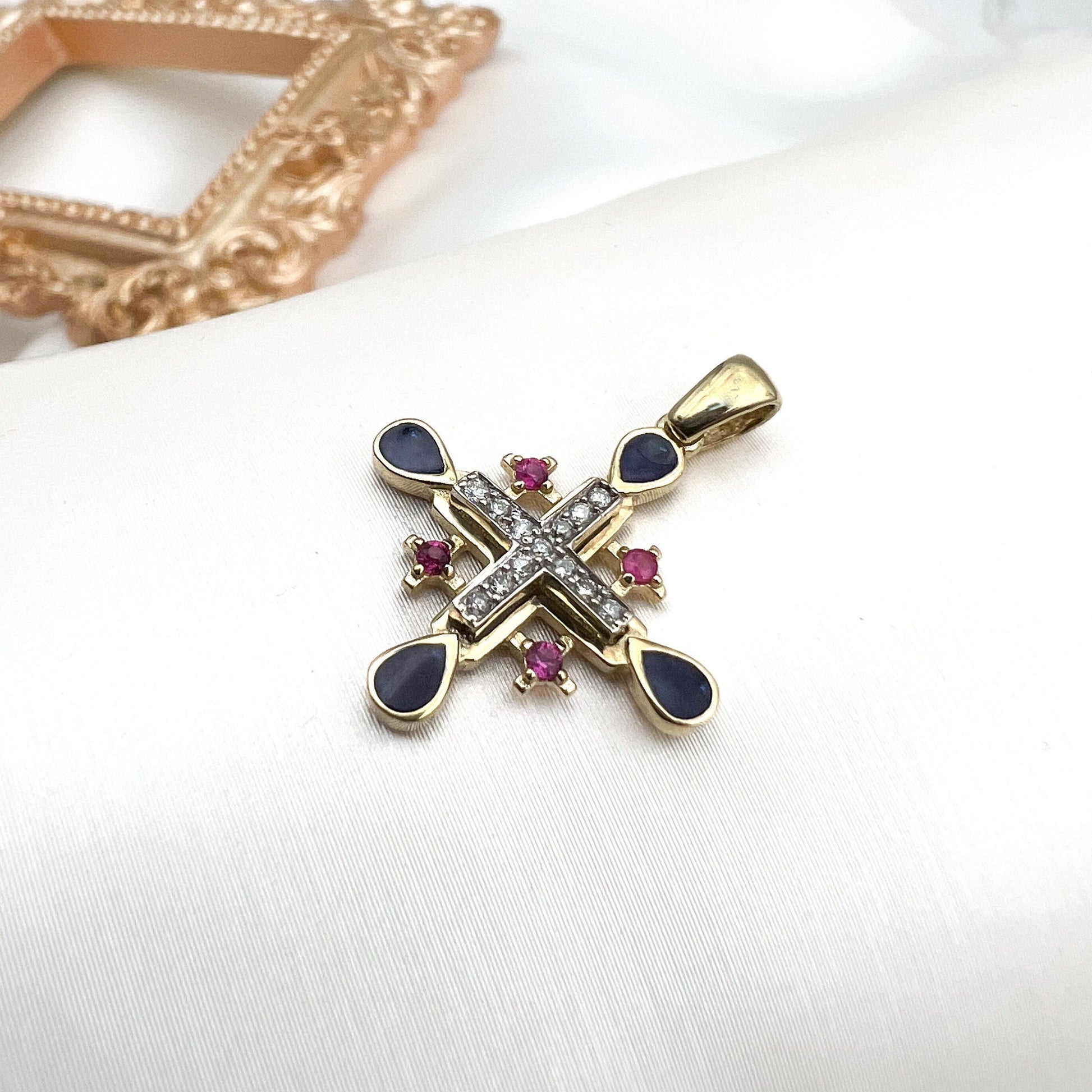 Jerusalem Cross Pendant in 14k Gold with 13 Diamonds 0.15ct and Ruby A Timeless Sign of Faith