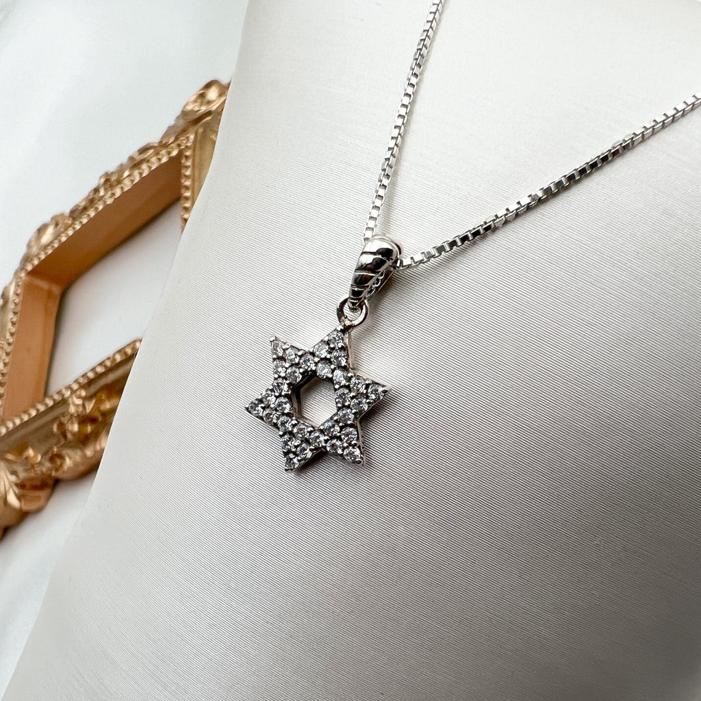 Sterling Silver 925 David Star Pendant with White Zircons - Chain Included