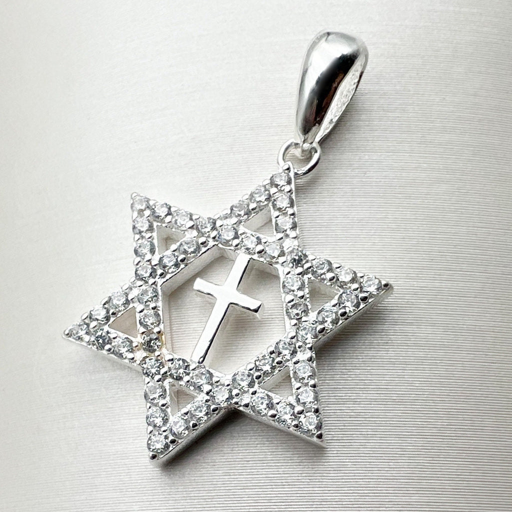 Messianic Star of David Cross Pendant with Zircons