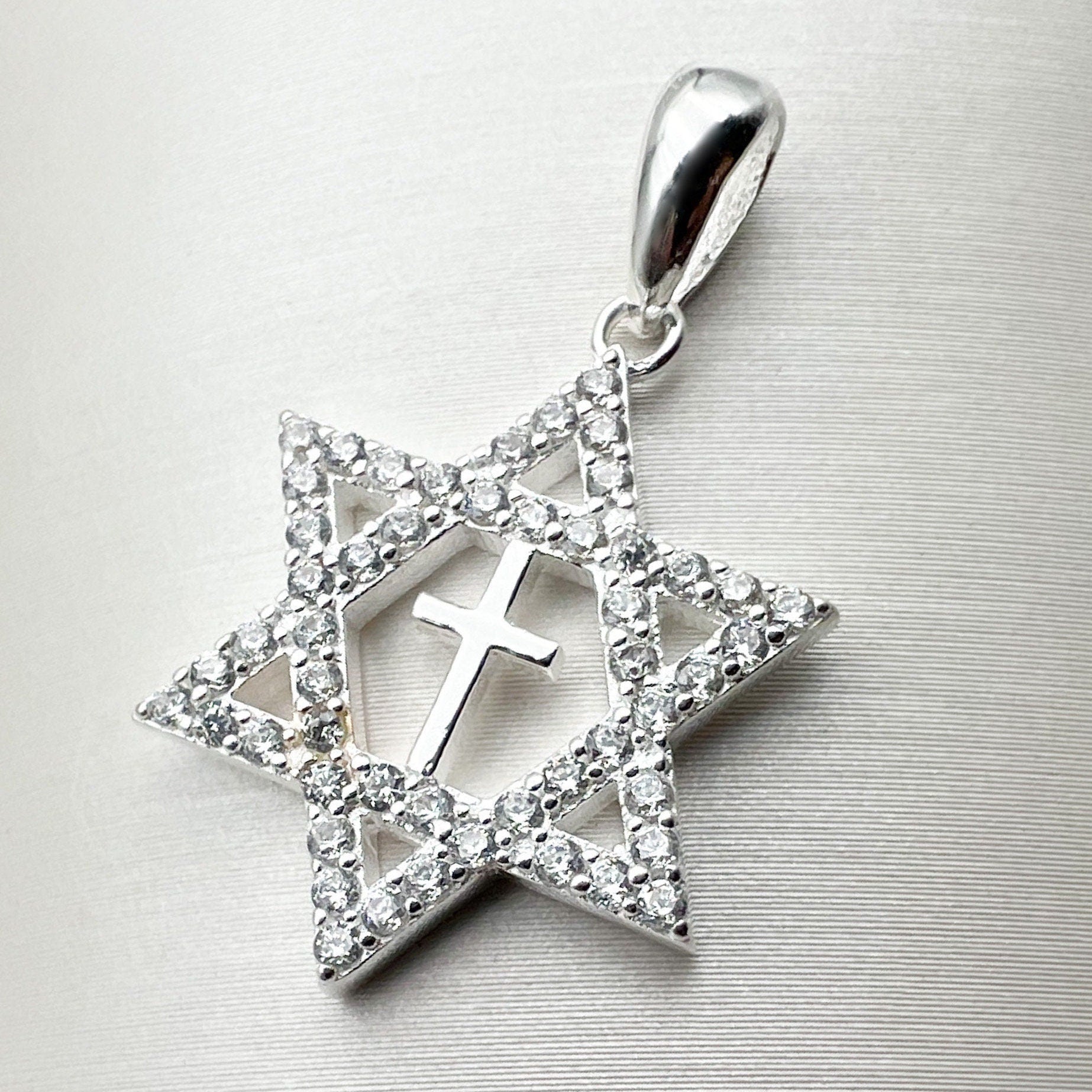 Messianic Star of David Cross Pendant with Zircons