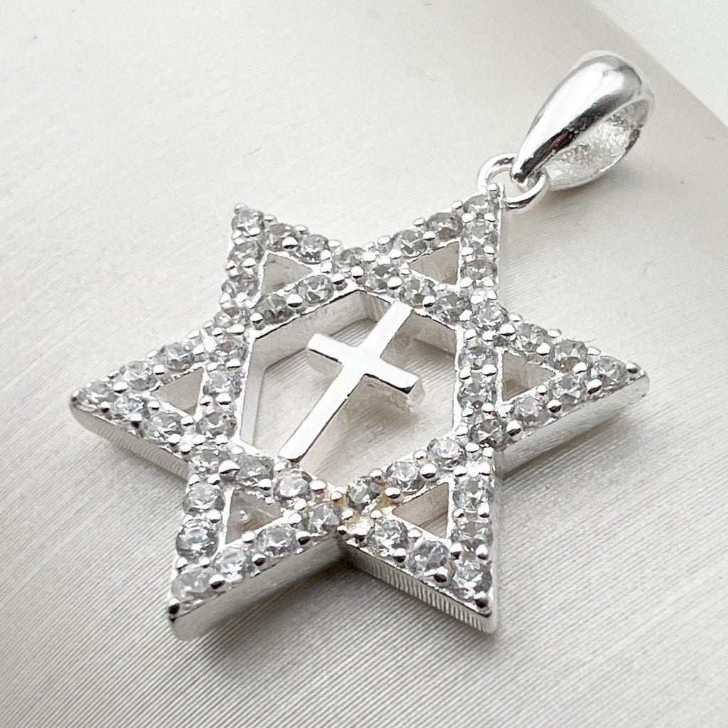 Messianic Star of David Cross Pendant with Zircons