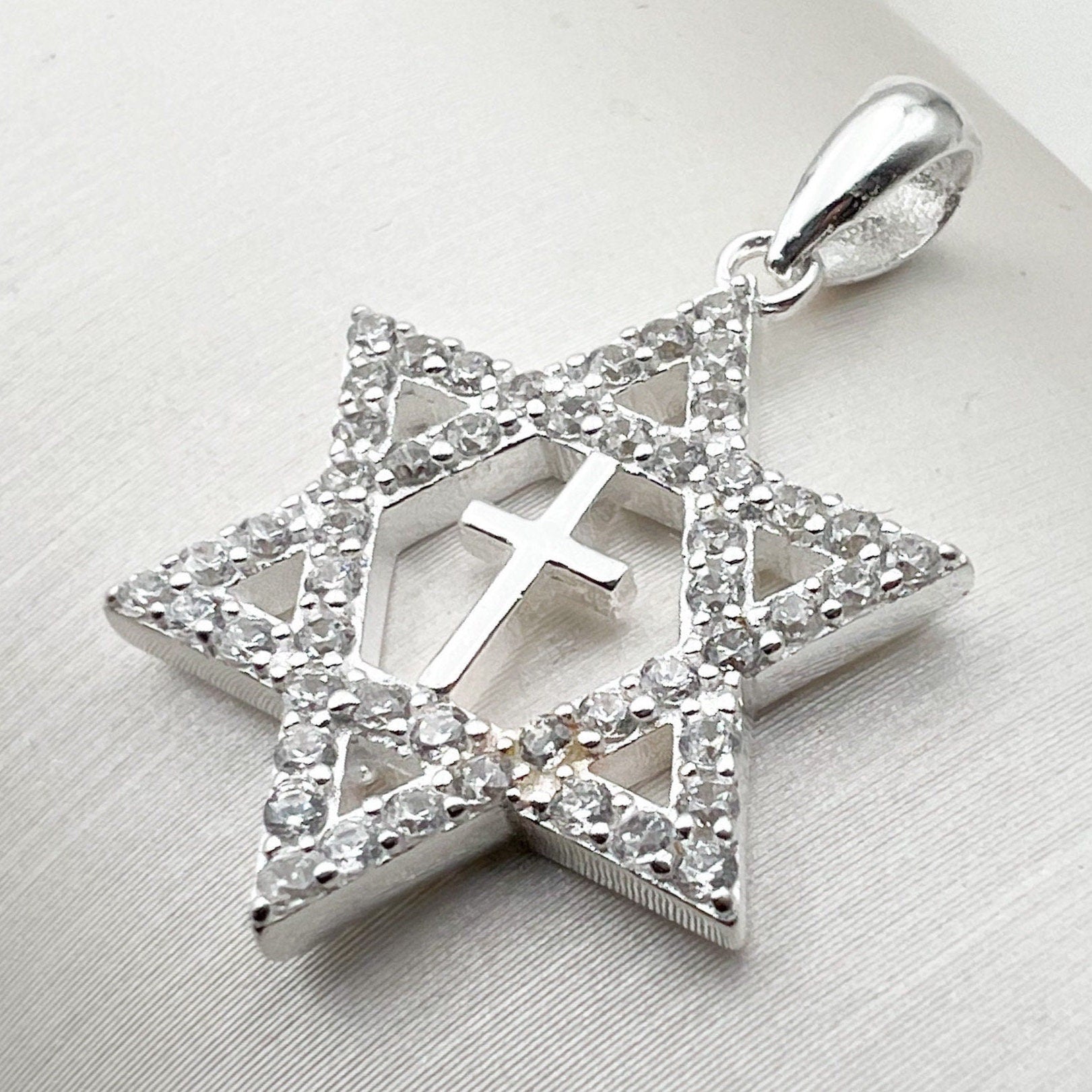 Messianic Star of David Cross Pendant with Zircons