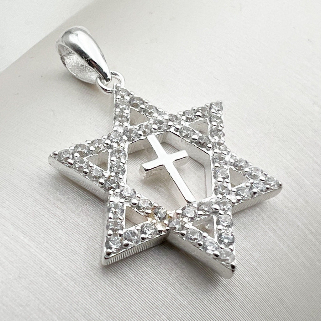 Messianic Star of David Cross Pendant with Zircons