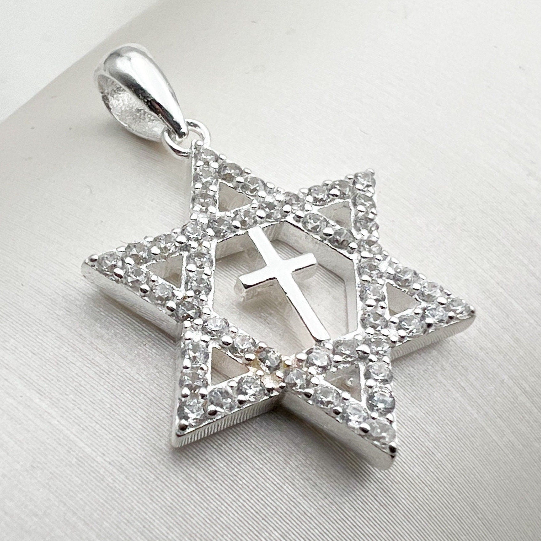Messianic Star of David Cross Pendant with Zircons