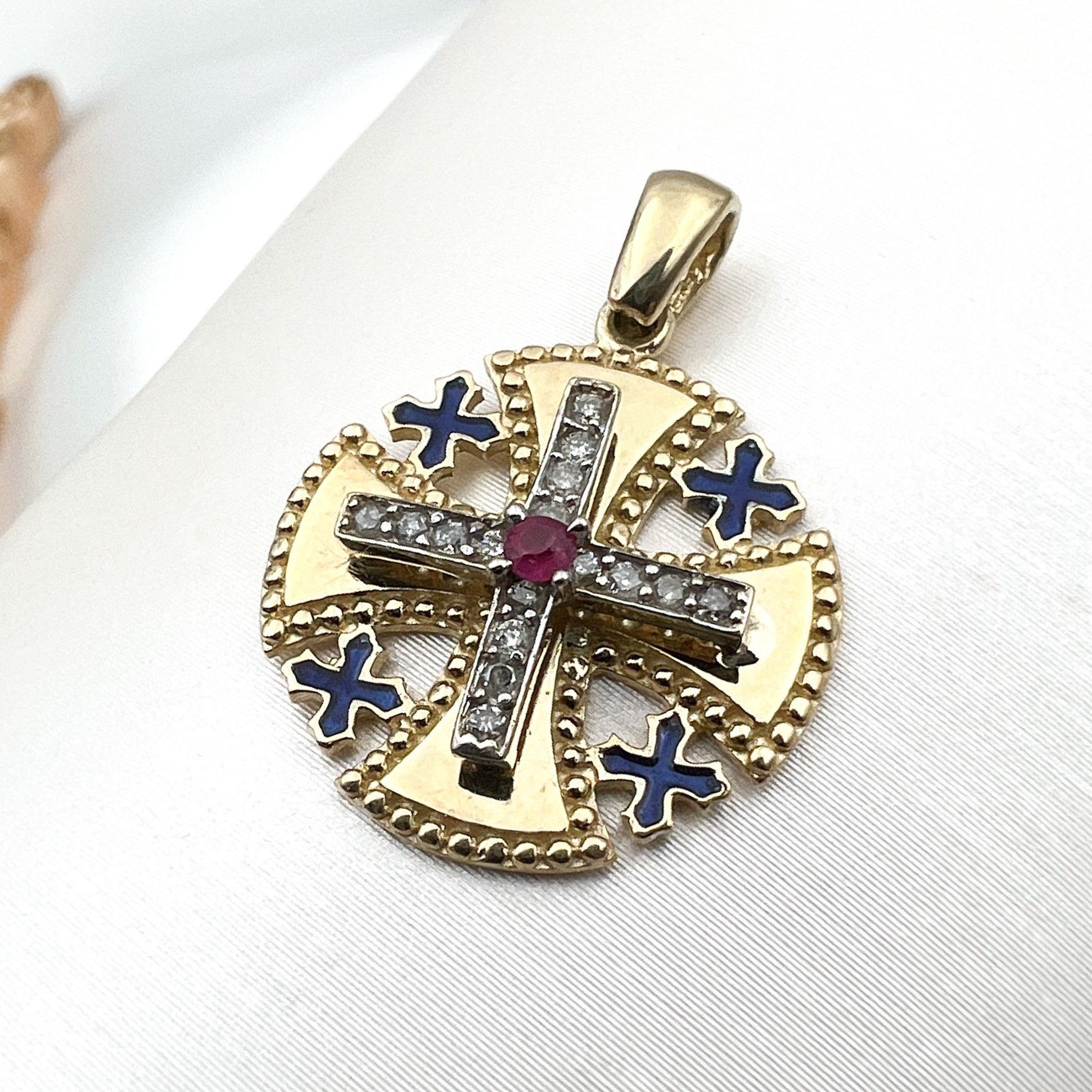 14k Gold Jerusalem Cross Pendant with Diamonds and Ruby A Bold Religious Statement