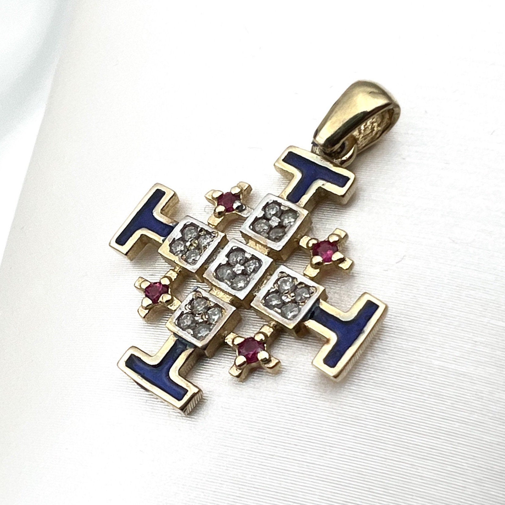 Jerusalem Cross Pendant in 14k Gold with 0.15ct Diamonds and Ruby