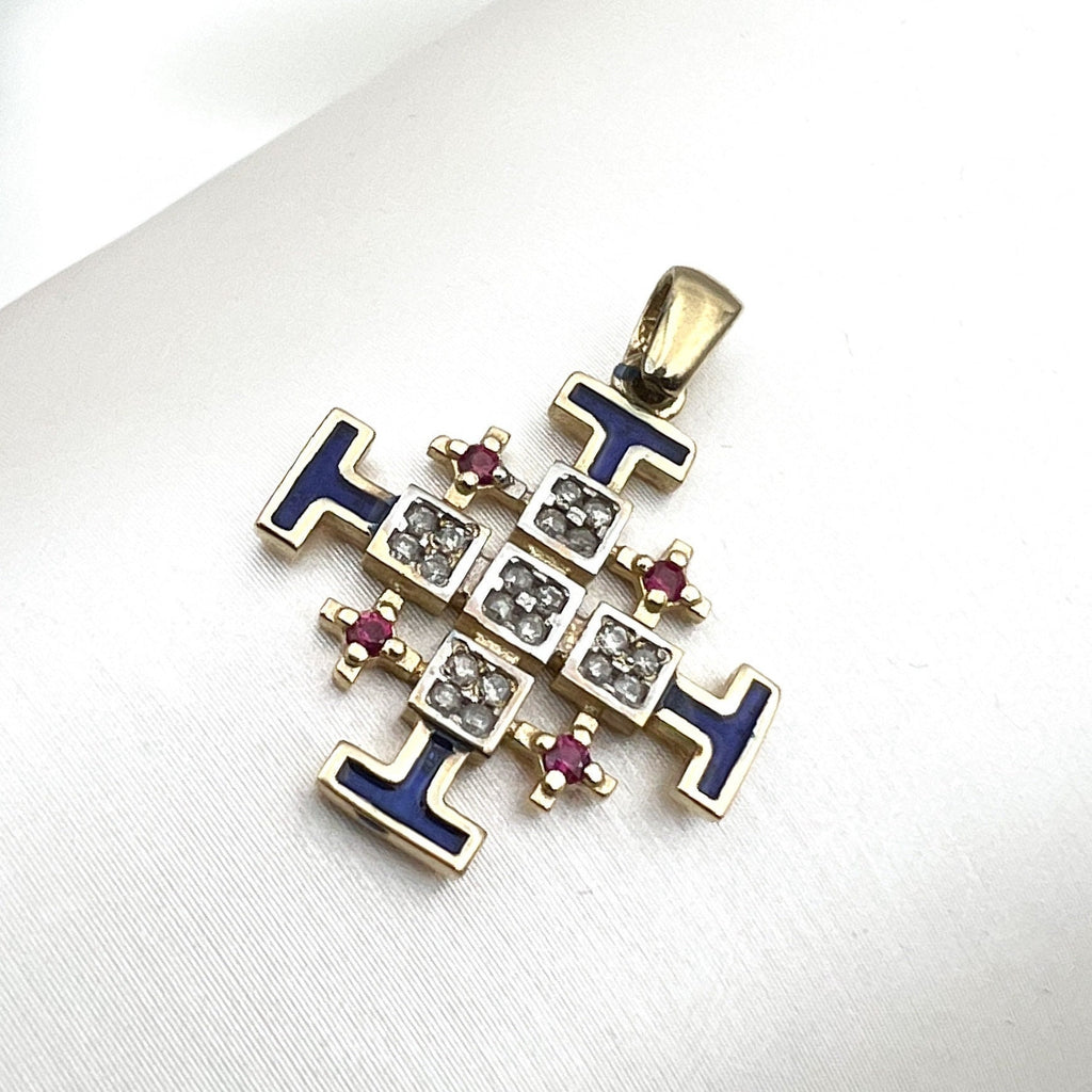Jerusalem Cross Pendant in 14k Gold with 0.15ct Diamonds and Ruby