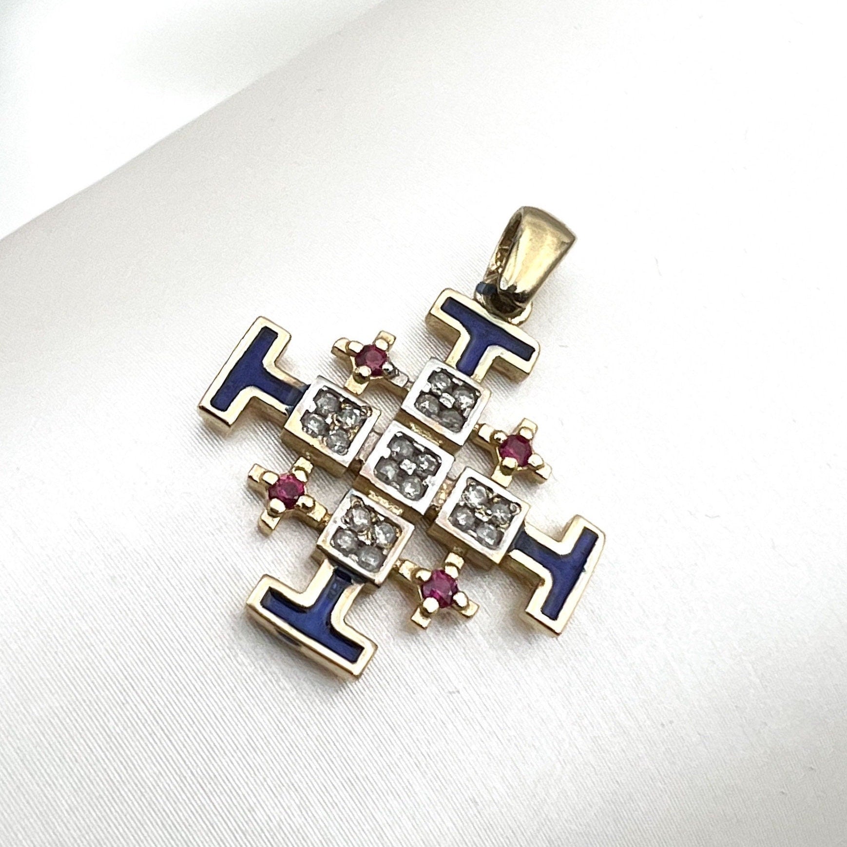 Jerusalem Cross Pendant in 14k Gold with 0.15ct Diamonds and Ruby