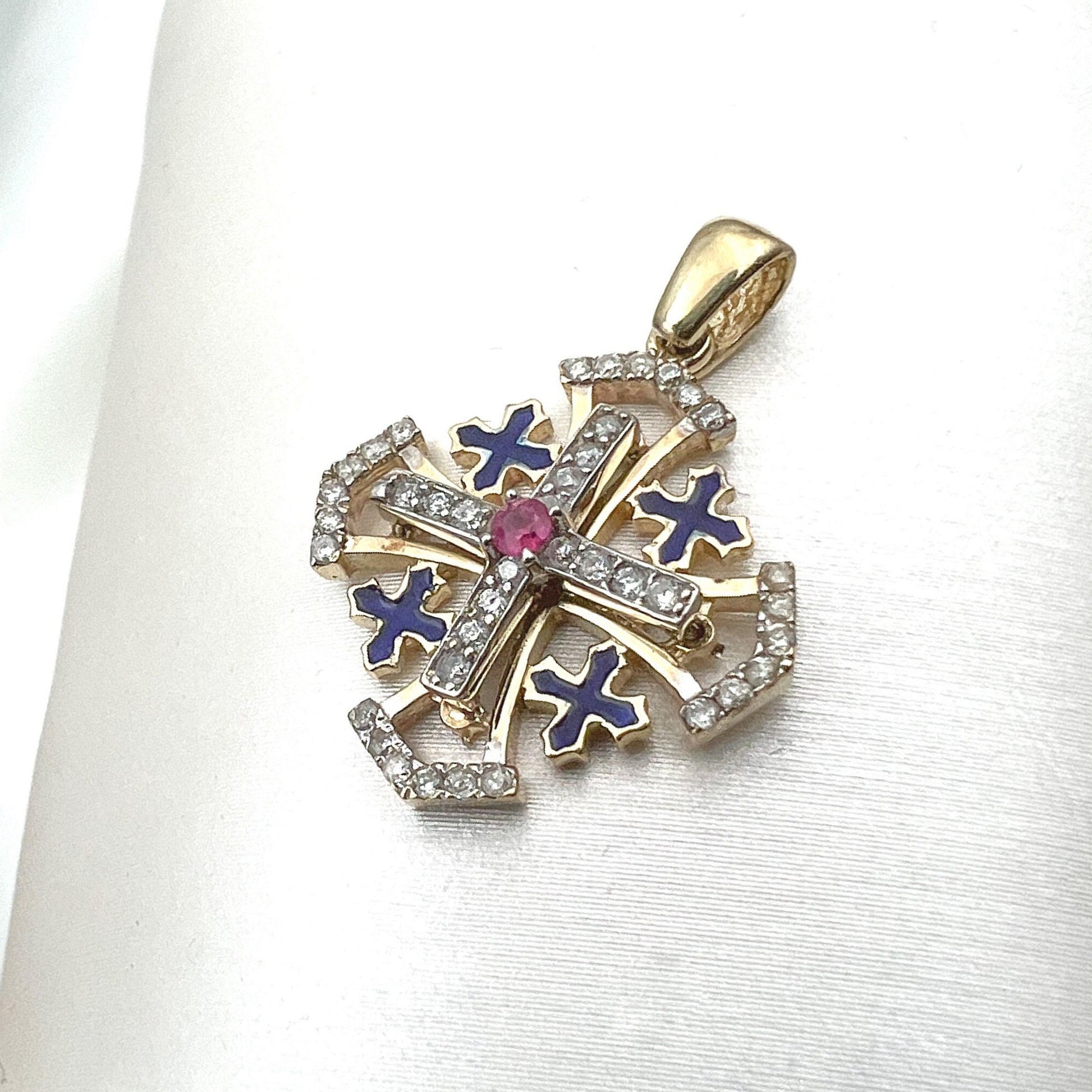 Jerusalem Sacred Cross Pendant in 14k Gold with Diamonds and Ruby