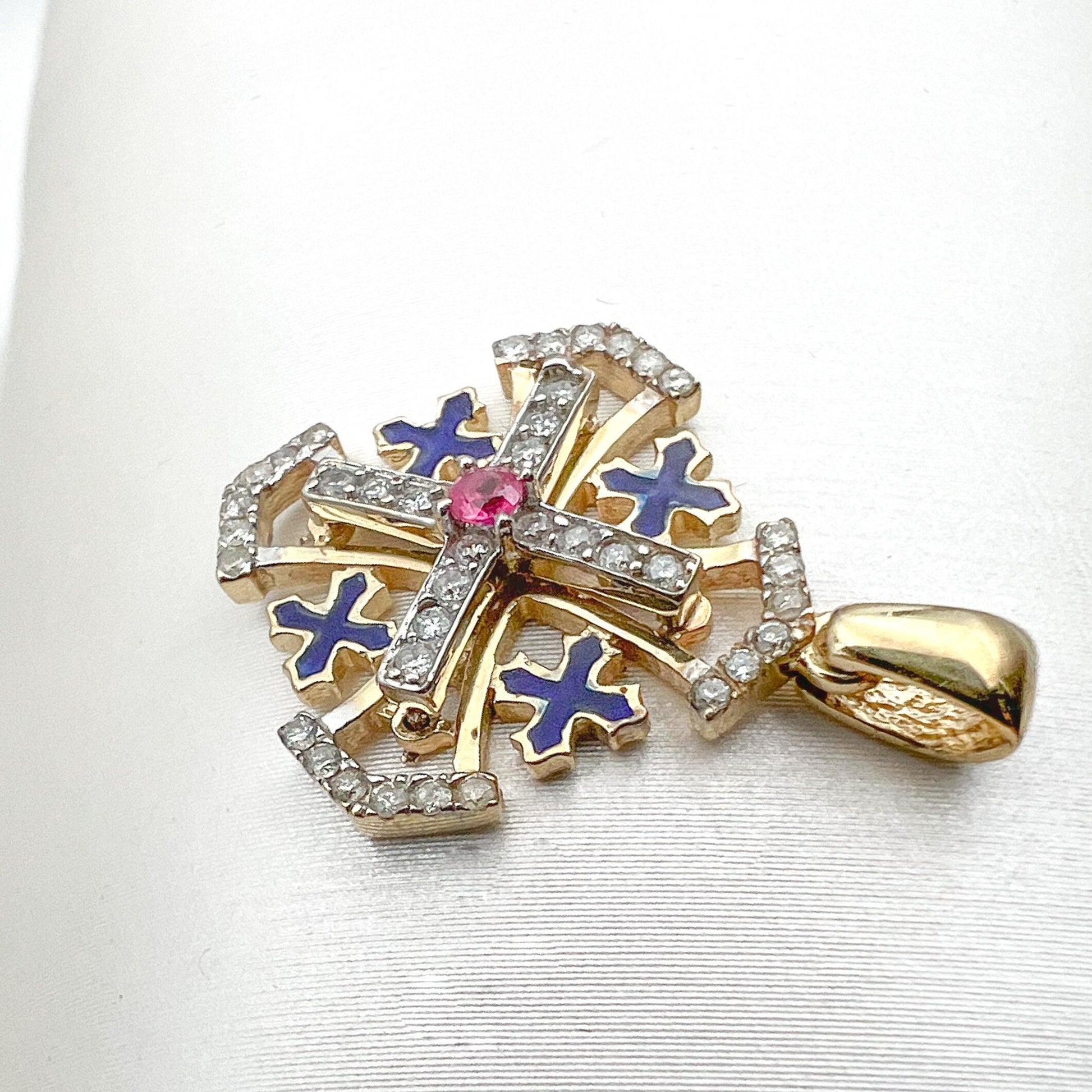 Jerusalem Sacred Cross Pendant in 14k Gold with Diamonds and Ruby