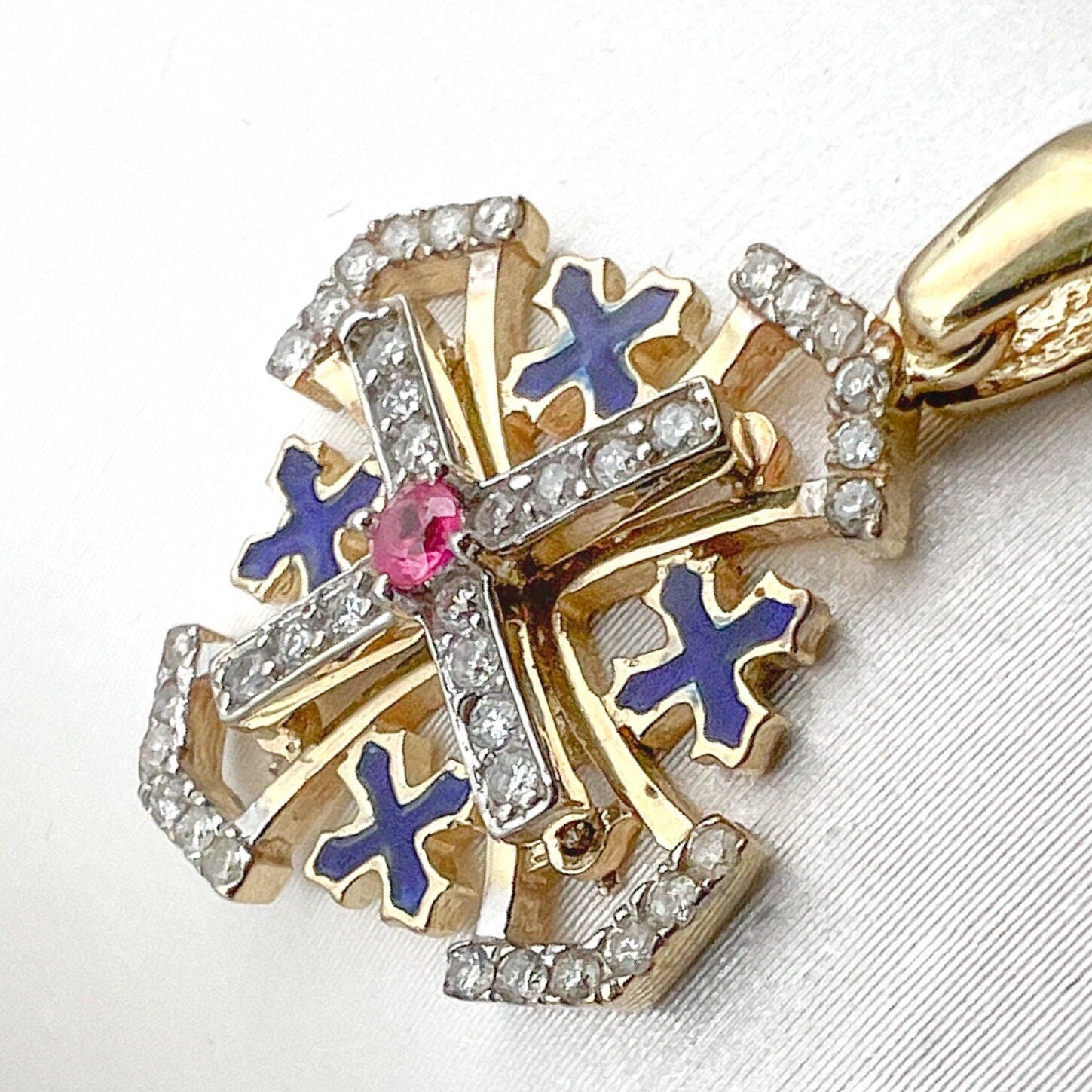 Jerusalem Sacred Cross Pendant in 14k Gold with Diamonds and Ruby