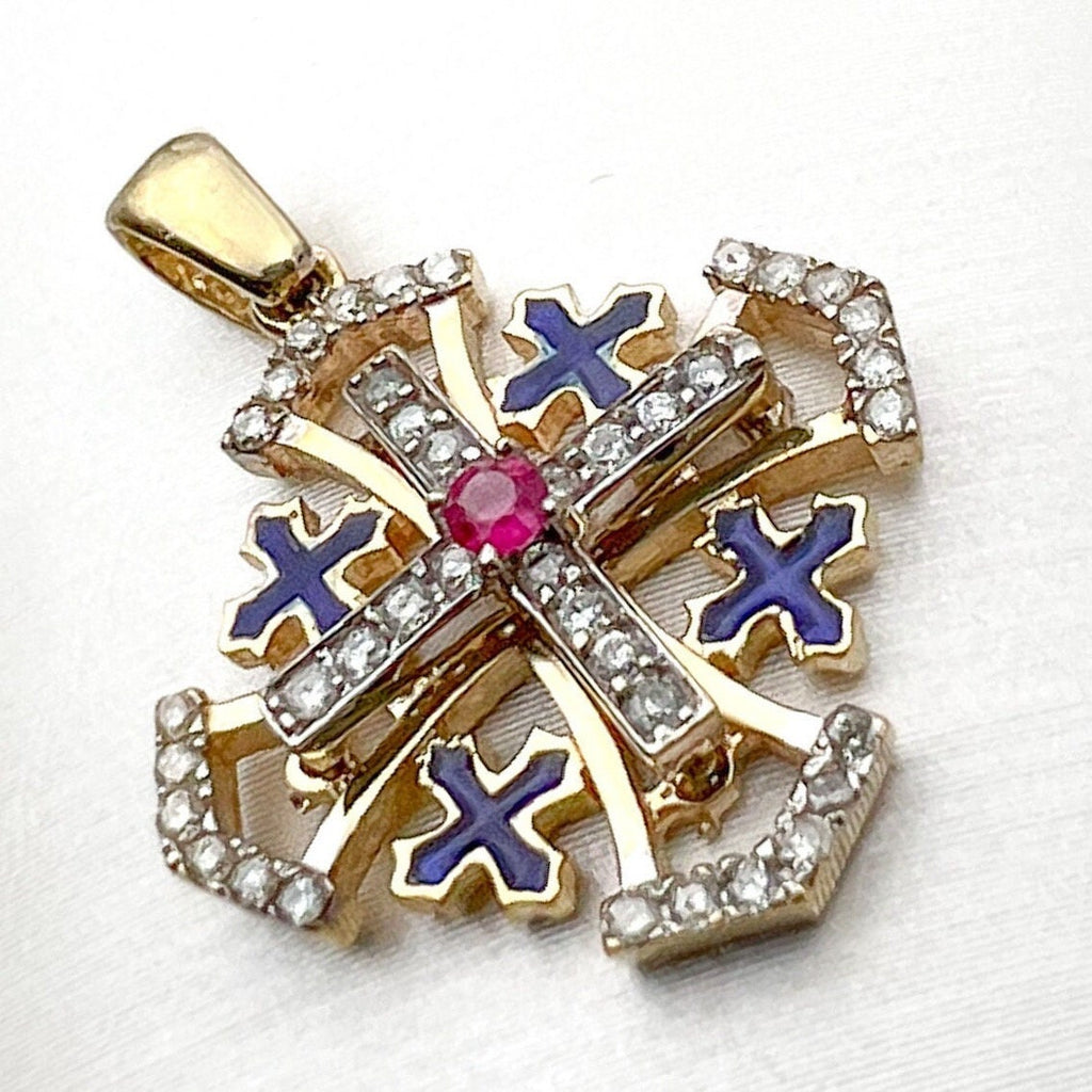 Jerusalem Sacred Cross Pendant in 14k Gold with Diamonds and Ruby