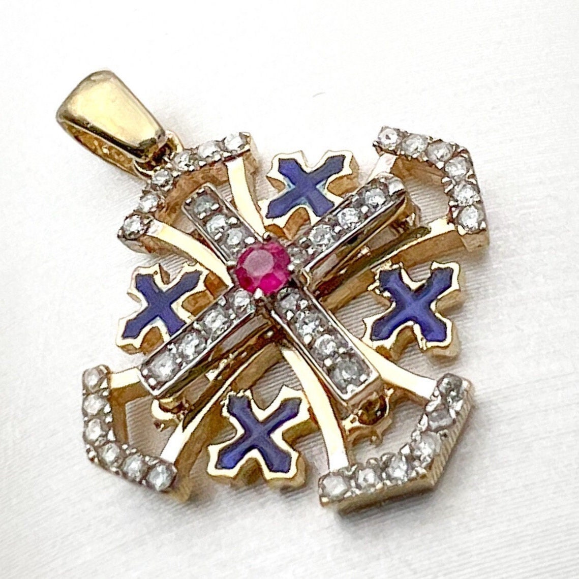Jerusalem Sacred Cross Pendant in 14k Gold with Diamonds and Ruby