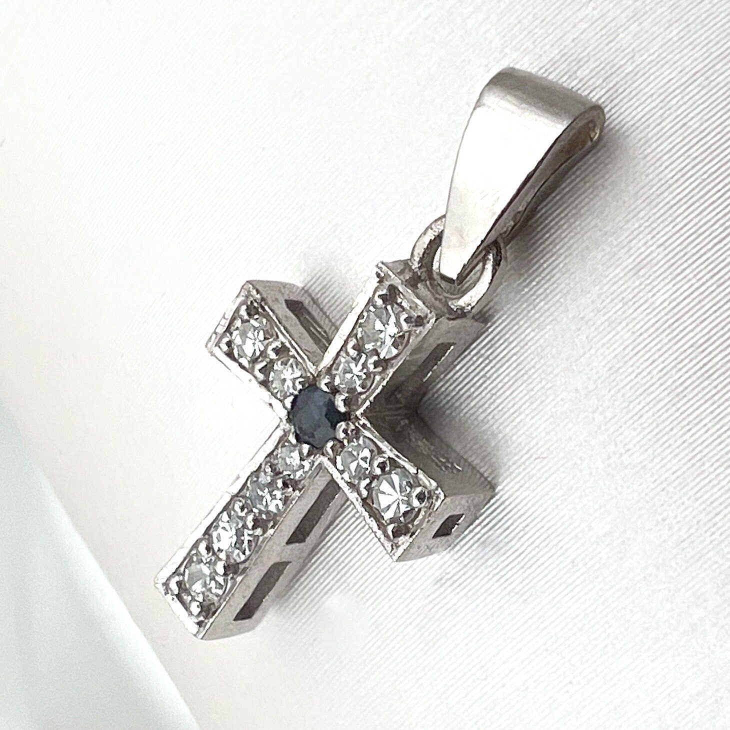 Diamond and Blue Sapphire Latin Cross Pendant in White Gold