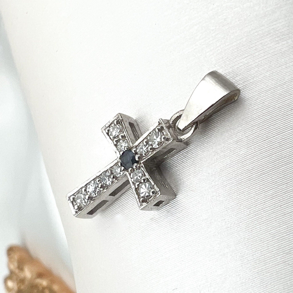 Diamond and Blue Sapphire Latin Cross Pendant in White Gold