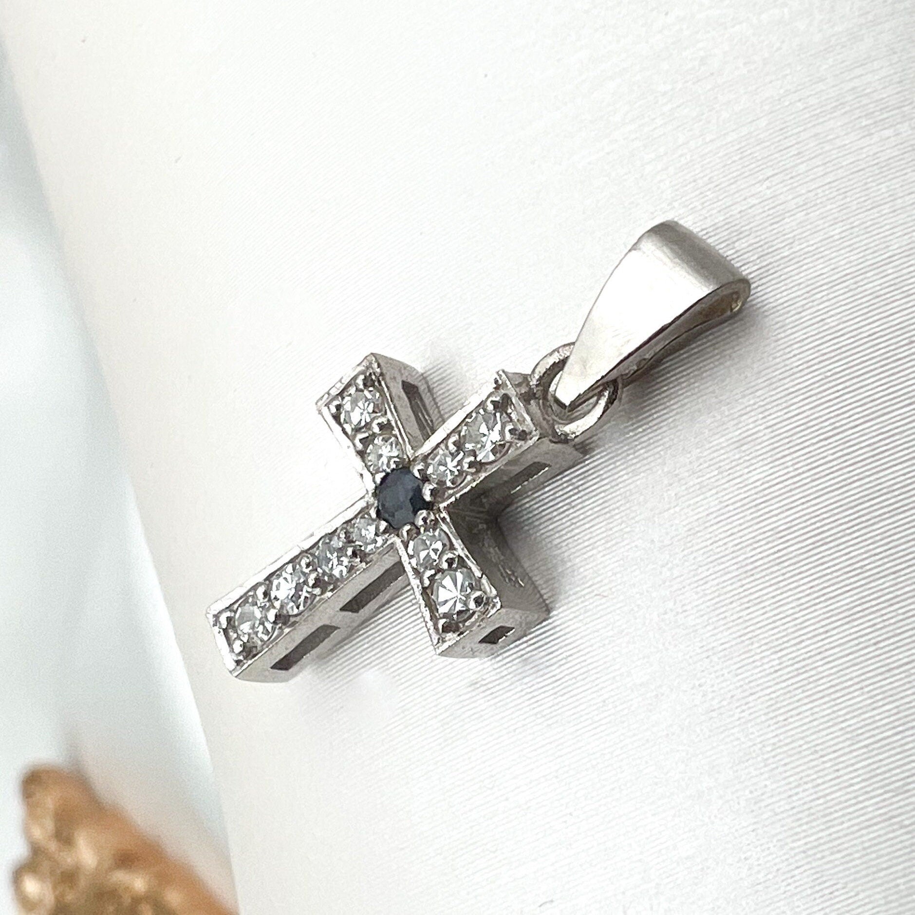 Diamond and Blue Sapphire Latin Cross Pendant in White Gold