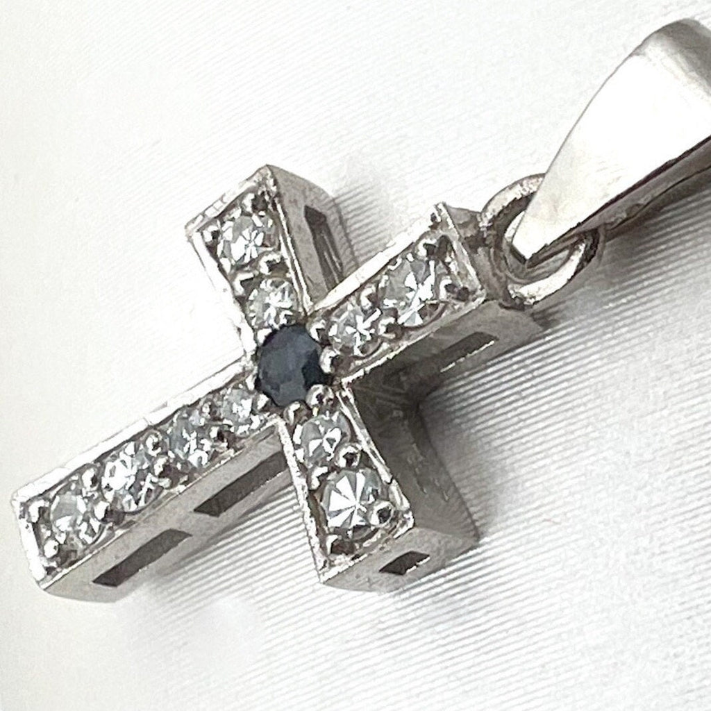 Diamond and Blue Sapphire Latin Cross Pendant in White Gold