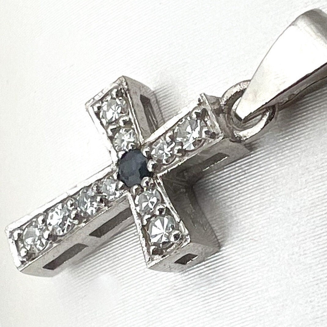 Diamond and Blue Sapphire Latin Cross Pendant in White Gold