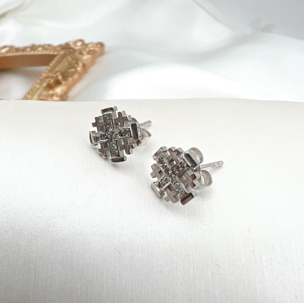 Jerusalem Cross Earrings in 14k Gold and Diamonds - Light of Faith