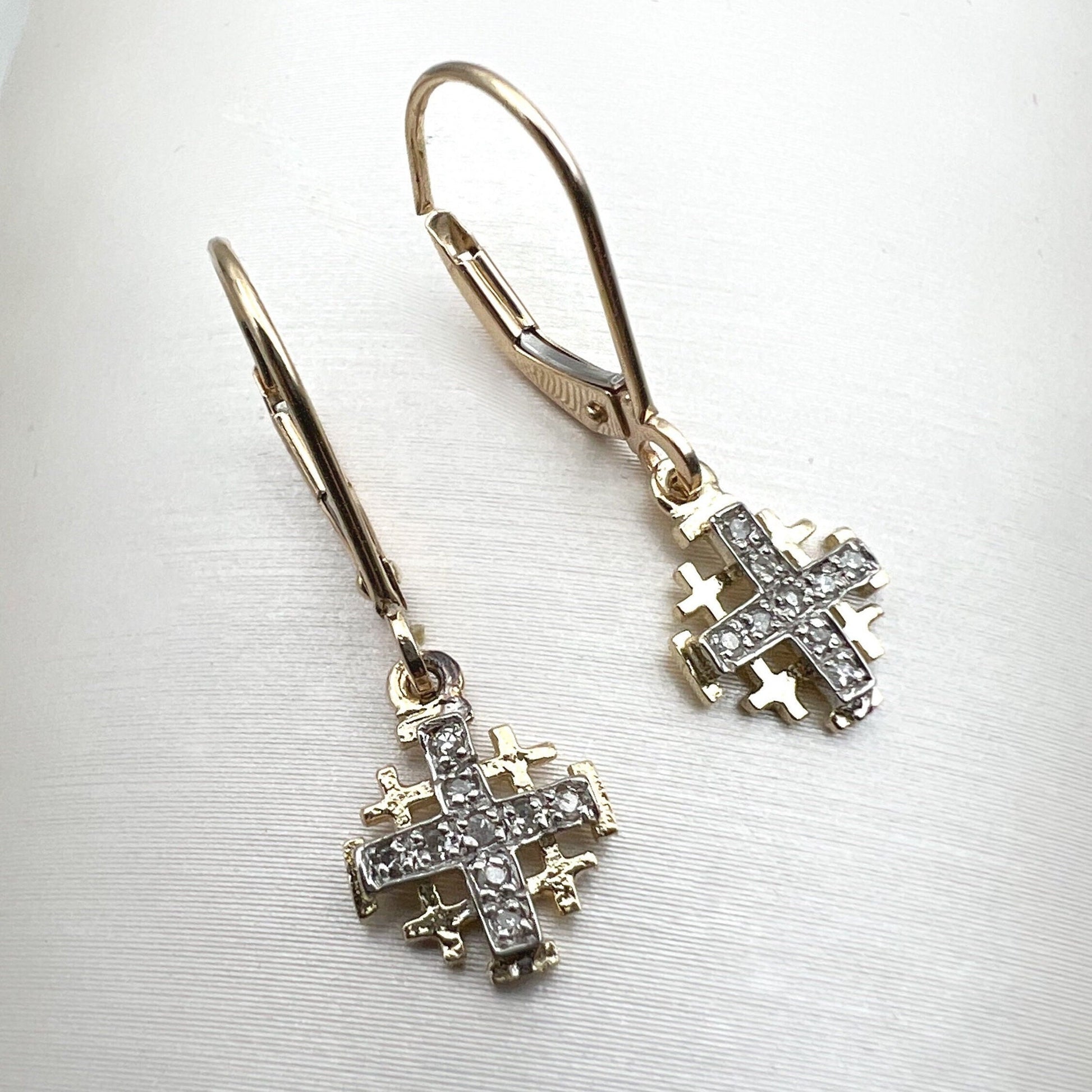 Jerusalem Cross Diamond Earrings in 14k Gold with 18 Diamonds