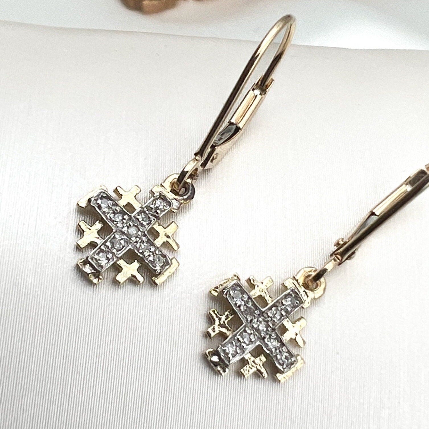 Jerusalem Cross Diamond Earrings in 14k Gold with 18 Diamonds