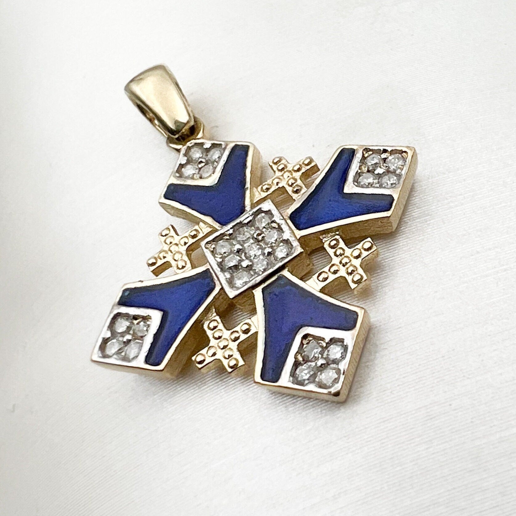 Jerusalem Cross Pendant in 14k Gold with 25 Diamonds 0.18ct Symbol of Faith and Devotion