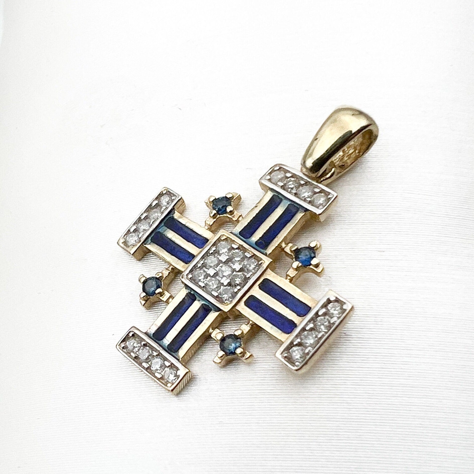 Jerusalem Cross Pendant in 14k Gold with Diamonds and Blue Sapphire, Symbol of Faith