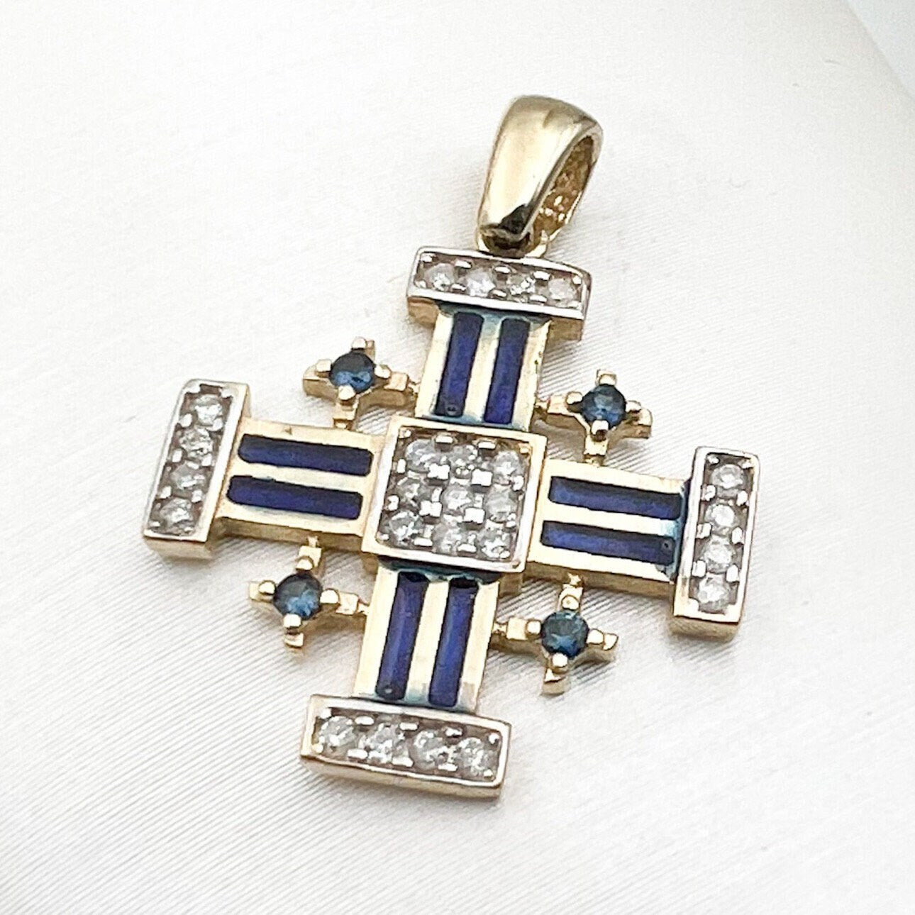 Jerusalem Cross Pendant in 14k Gold with Diamonds and Blue Sapphire, Symbol of Faith