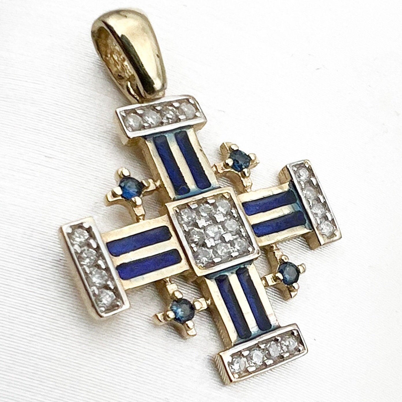 Jerusalem Cross Pendant in 14k Gold with Diamonds and Blue Sapphire, Symbol of Faith