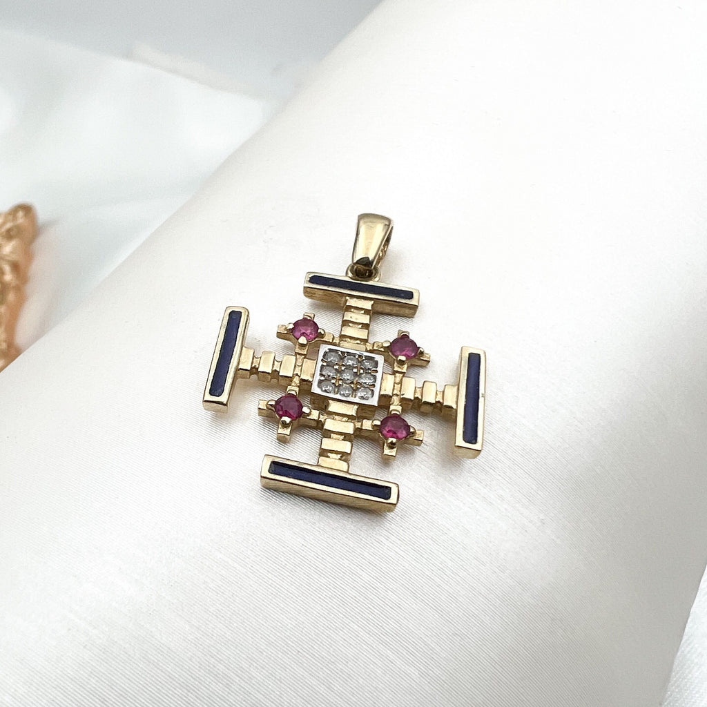 Jerusalem Cross 14k Gold Pendant with Diamonds and Enamel Faith and Elegance Combined