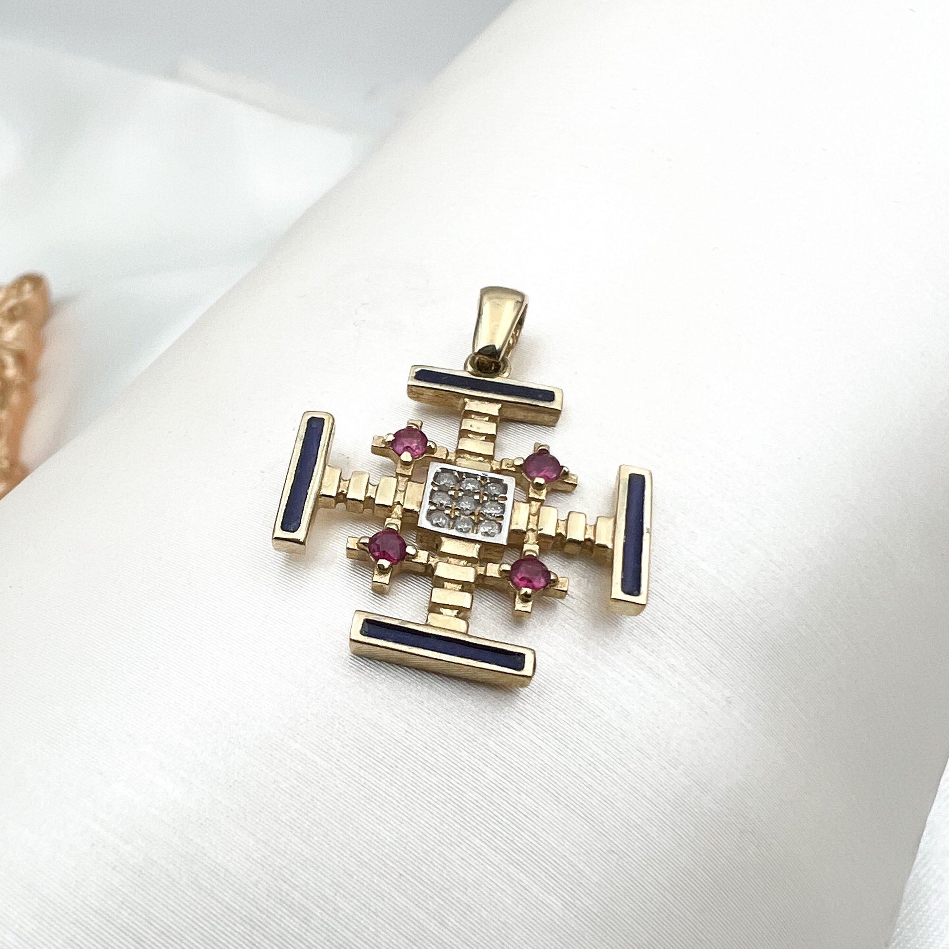 Jerusalem Cross 14k Gold Pendant with Diamonds and Enamel Faith and Elegance Combined