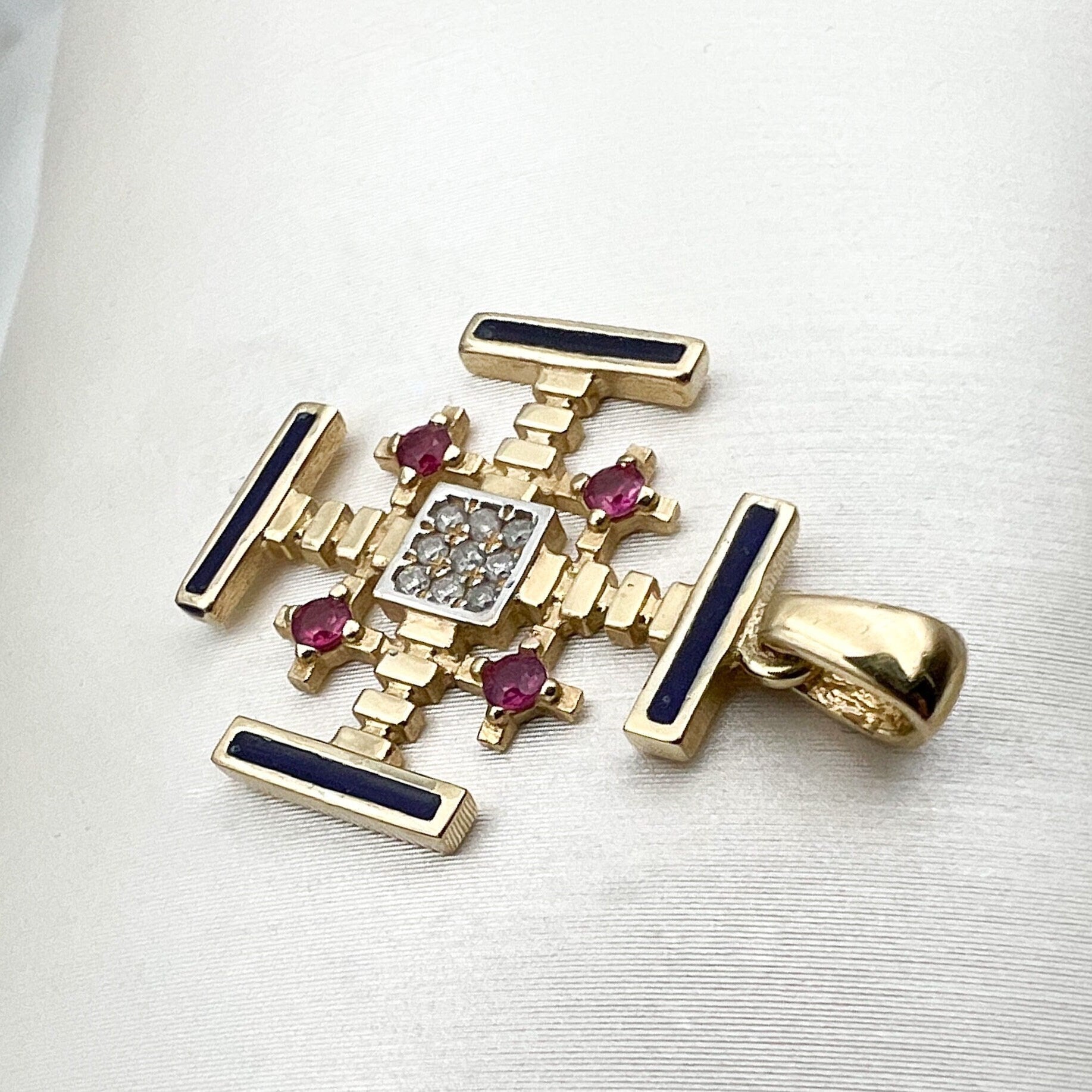 Jerusalem Cross 14k Gold Pendant with Diamonds and Enamel Faith and Elegance Combined