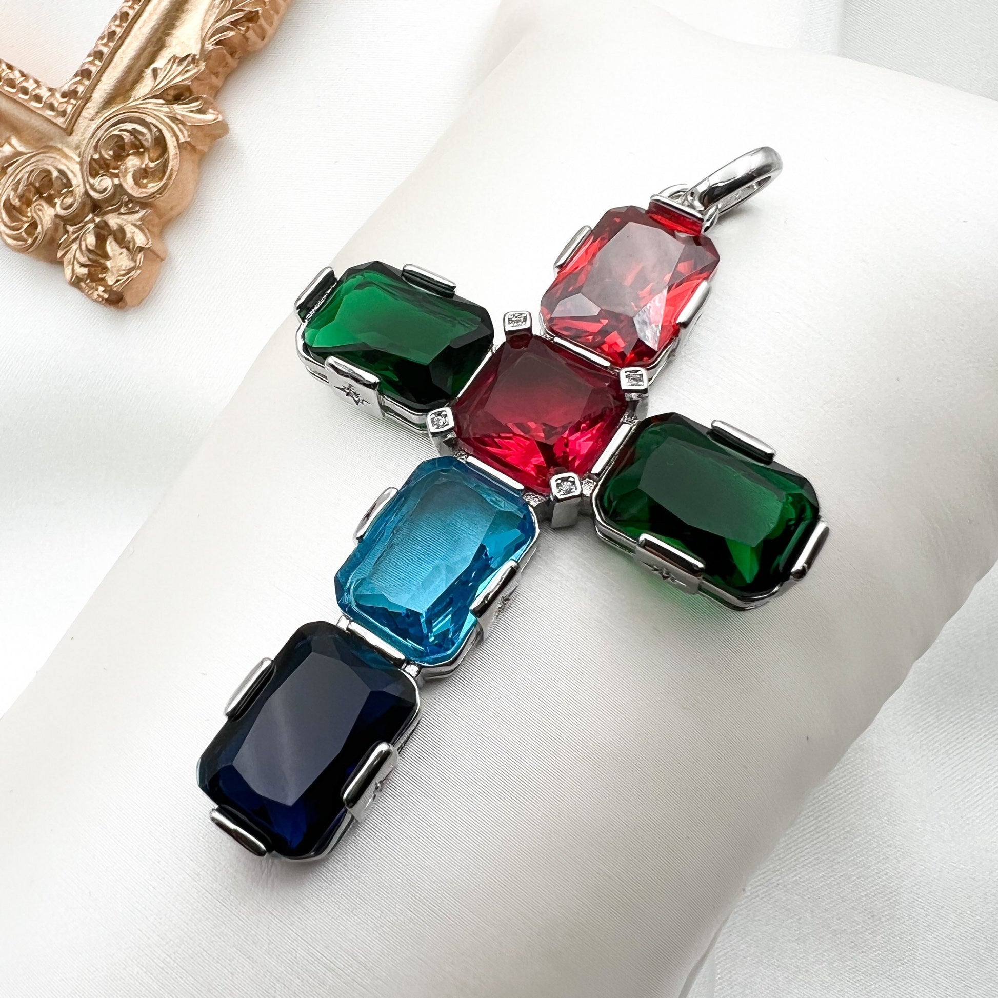 Large Colorful Cross Pendant with Cushion-Cut Austrian Crystals
