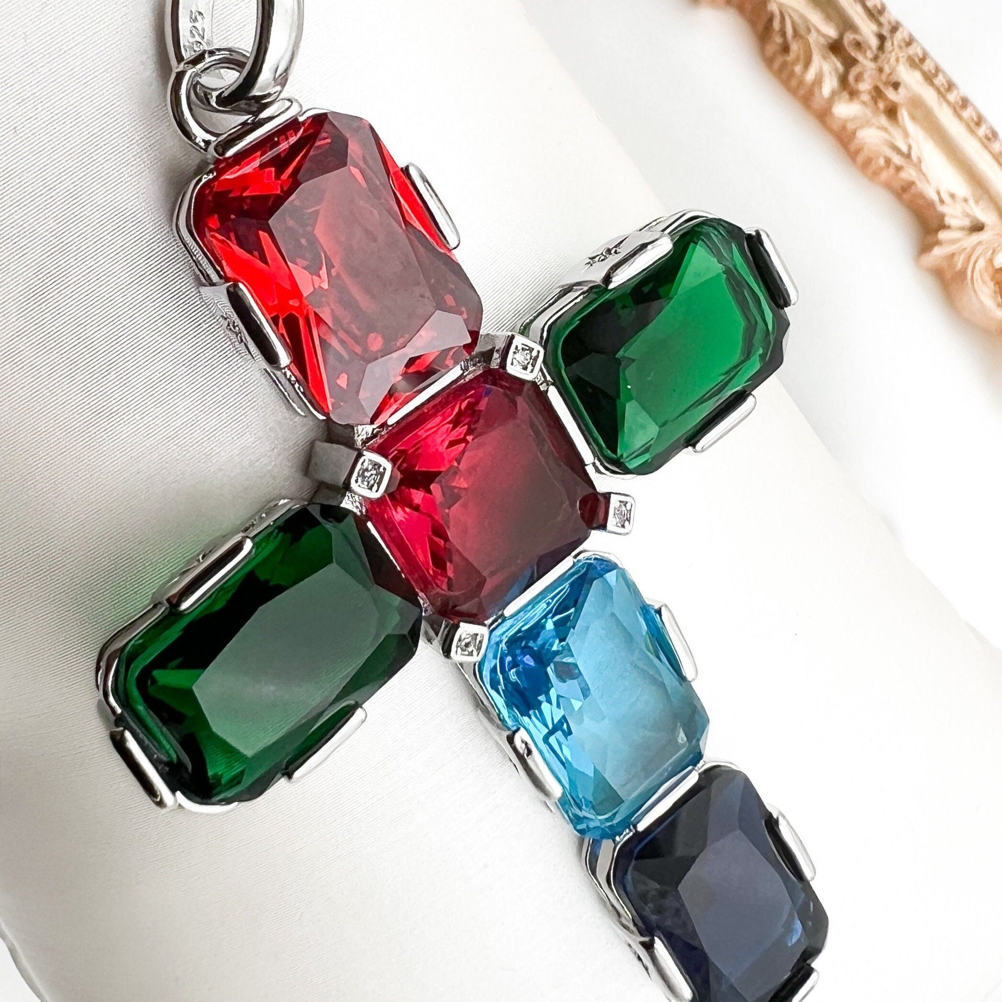 Large Colorful Cross Pendant with Cushion-Cut Austrian Crystals