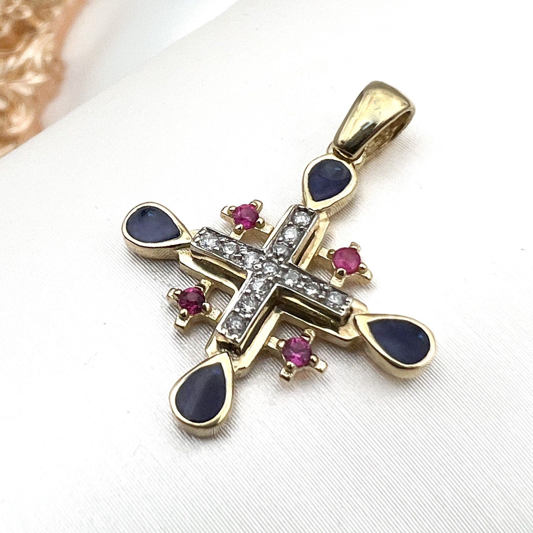 Jerusalem Cross Pendant in 14k Gold with 13 Diamonds 0.15ct and Ruby A Timeless Sign of Faith