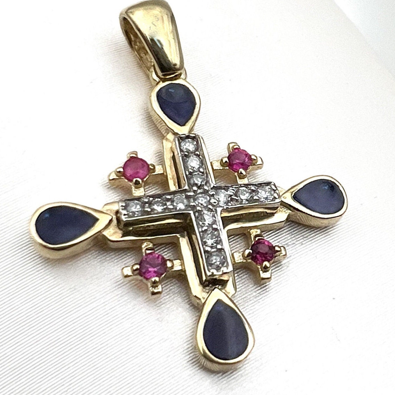 Jerusalem Cross Pendant in 14k Gold with 13 Diamonds 0.15ct and Ruby A Timeless Sign of Faith