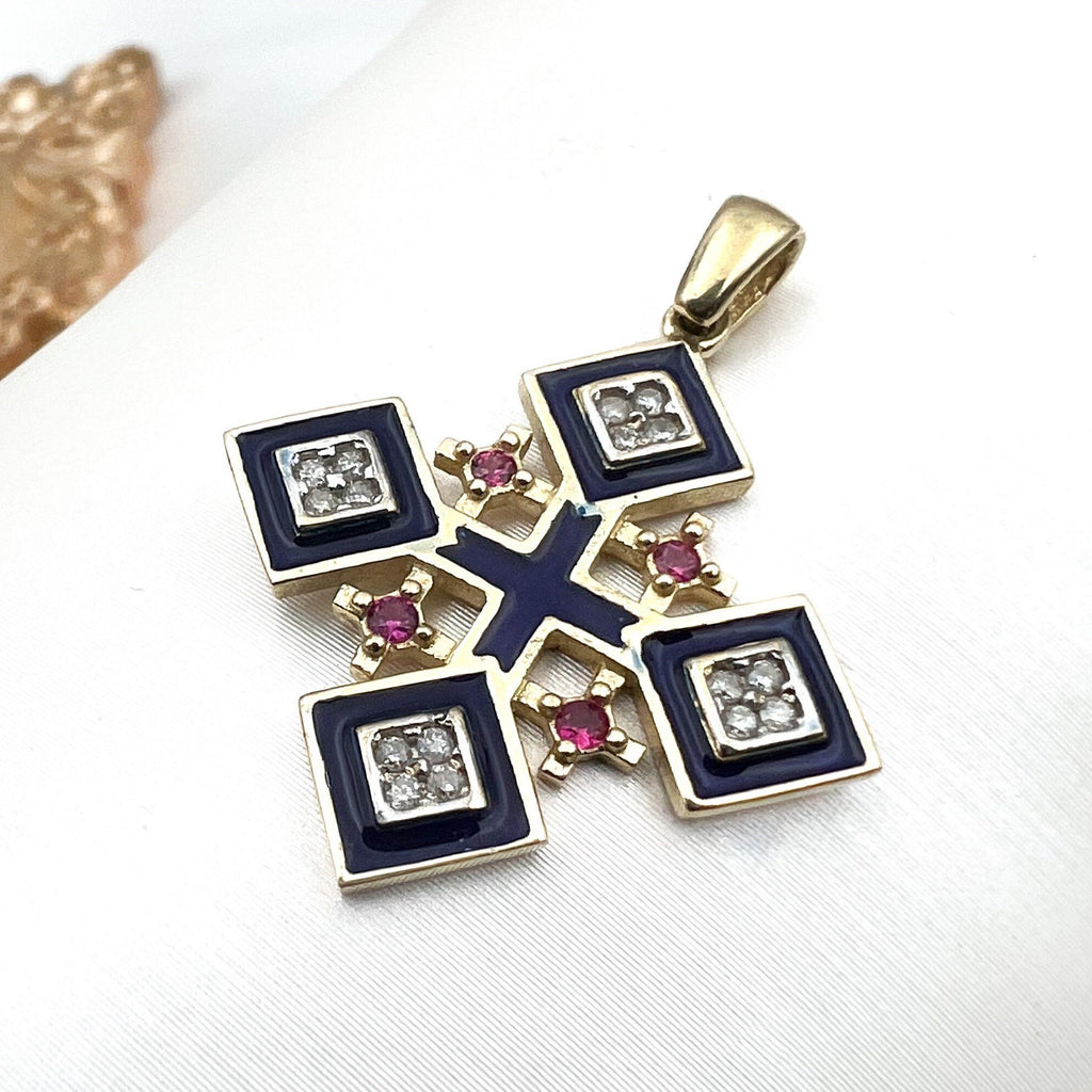 Jerusalem Cross Pendant in 14k Gold with 16 Diamonds 0.16ct and Ruby A Sacred Emblem of Faith
