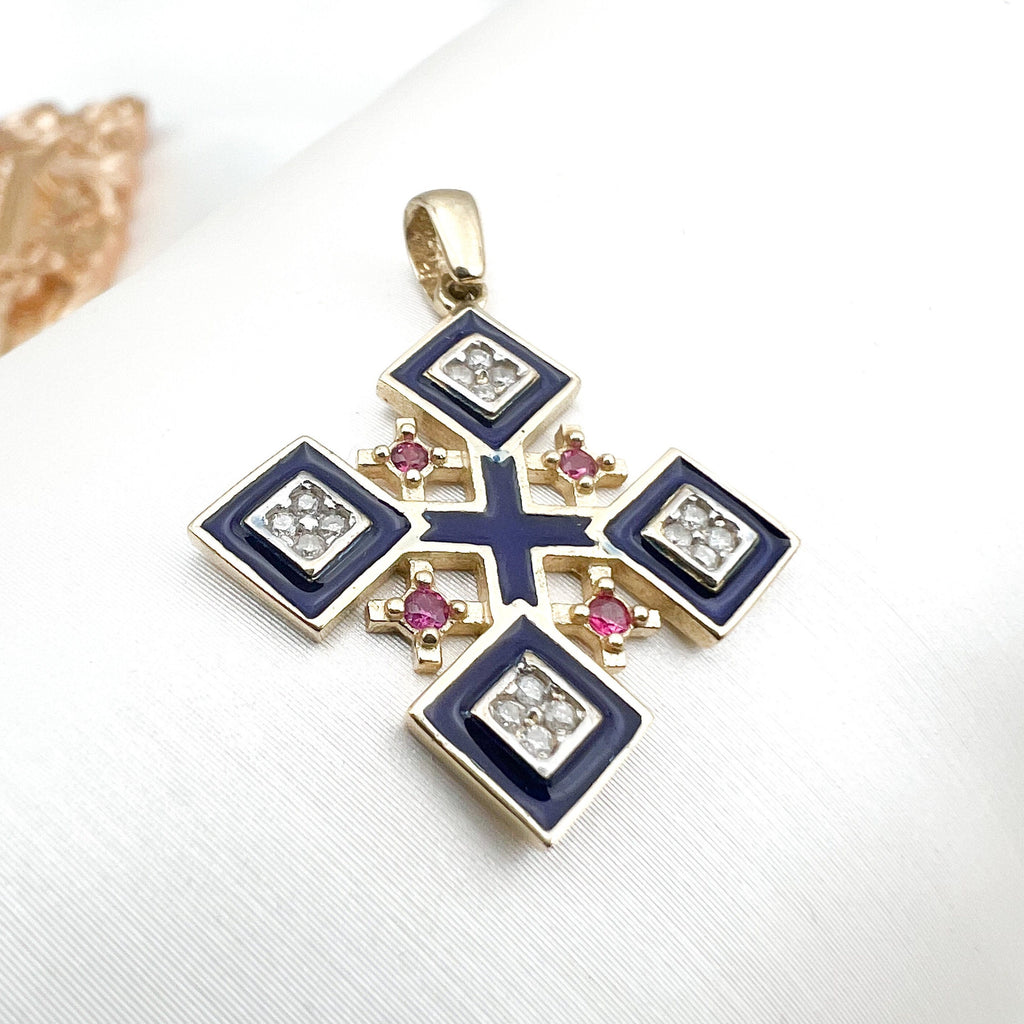 Jerusalem Cross Pendant in 14k Gold with 16 Diamonds 0.16ct and Ruby A Sacred Emblem of Faith