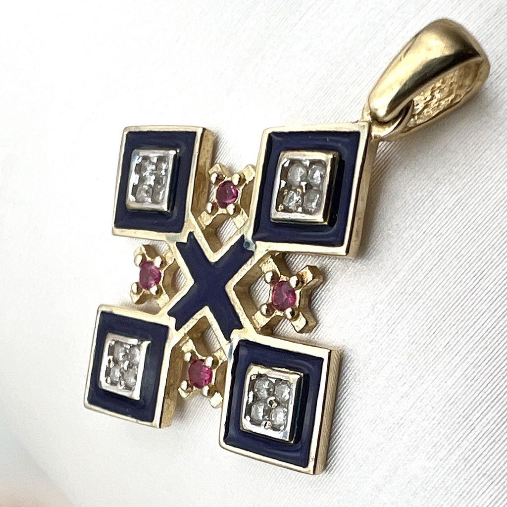 Jerusalem Cross Pendant in 14k Gold with 16 Diamonds 0.16ct and Ruby A Sacred Emblem of Faith