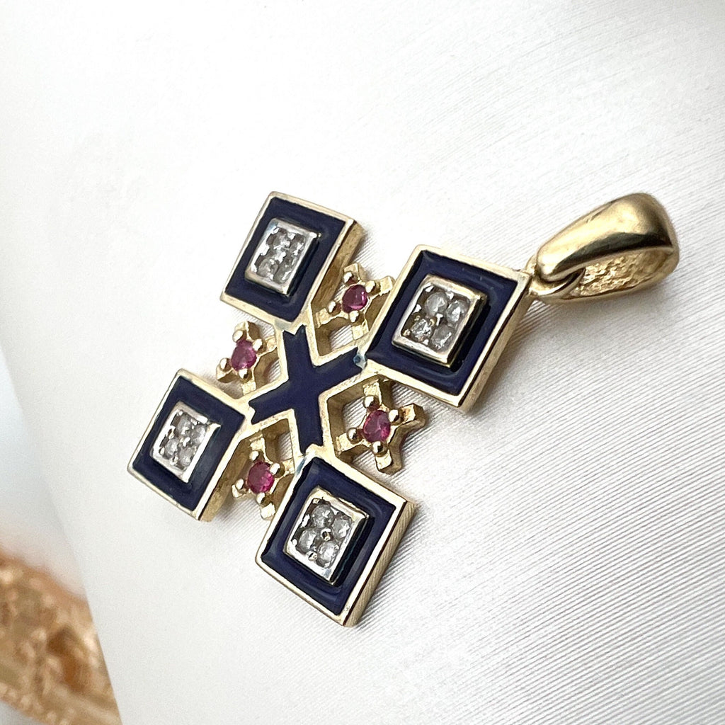 Jerusalem Cross Pendant in 14k Gold with 16 Diamonds 0.16ct and Ruby A Sacred Emblem of Faith