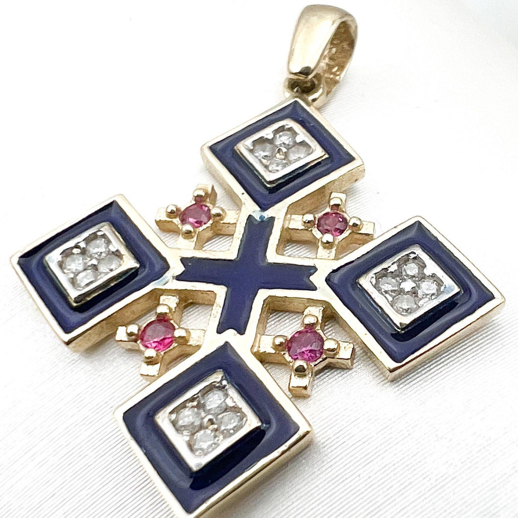 Jerusalem Cross Pendant in 14k Gold with 16 Diamonds 0.16ct and Ruby A Sacred Emblem of Faith